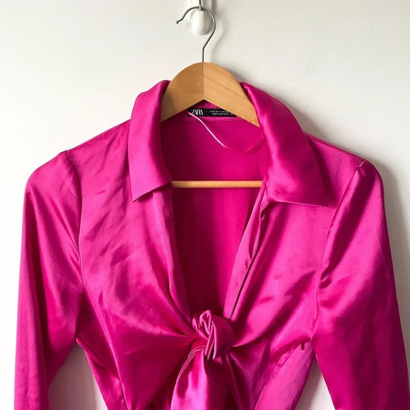 Zara Satin Effect Long Sleeve Ruffle Cuff Lapel Collar Mini Dress Fushia Pink Sm - Picture 8 of 11